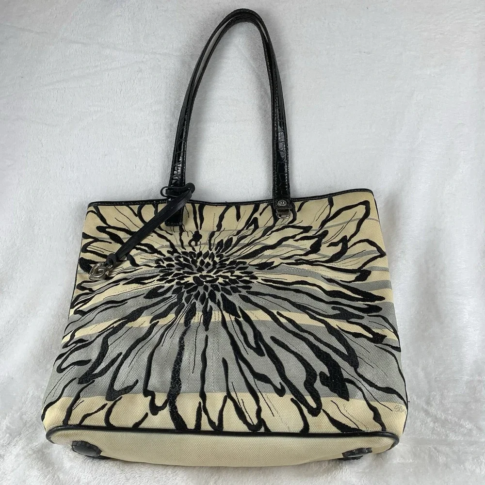 Brighton Graham Embroidered Tote Bag BlackWhiteSilver Canvas/Leather *Yellowed*